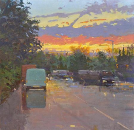Picture of the Week: <p>I am often leaving the City early in the morning and drive down the Parkway into a dramatic dawn. Wet roads, traffic and red skies.</p><p></p><p>This and other paintings from Just Up My Street can be seen at the Circle Gallery, on Rockingham Lane, just off Division street, Mon-Friday during office hours until the end of November.</p>
